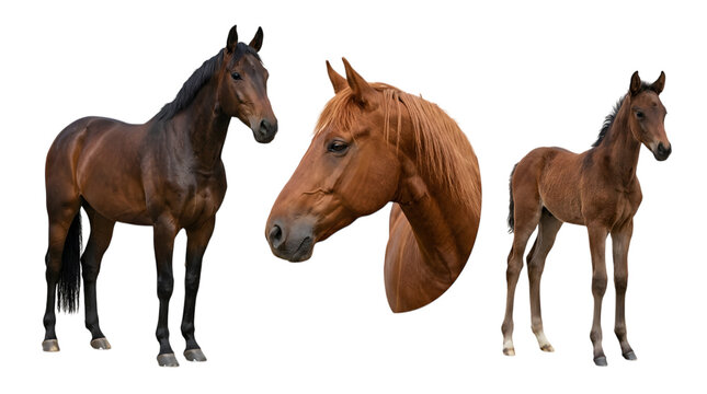 Collection of brown horses and a foal isolated on transparent background