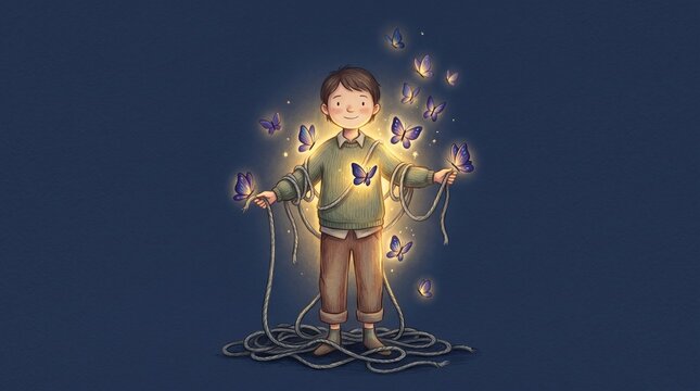 Inner Child Healing Illustration with Child Releasing Tangled Ropes and Glowing Butterflies, Emotional Freedom, Trauma Recovery and Letting Go Concept