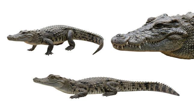 Set of various wild crocodiles isolated on transparent background