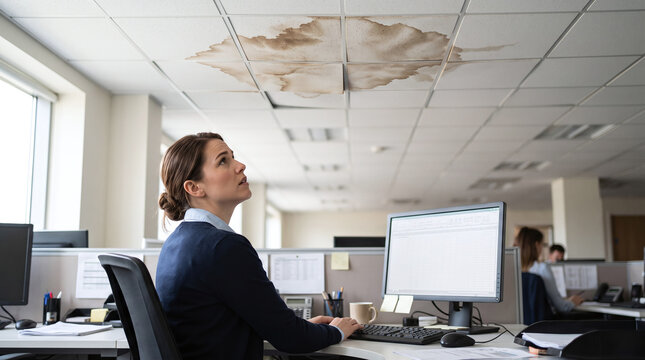 Worried businesswoman looking at water damage stain on office ceiling above desk