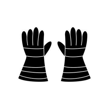 This is a minimalist vector illustration of a Fire Gloves icon, featuring a simple, clean, and solid glyph style. The icon can be used as a symbol, sign, or logo.