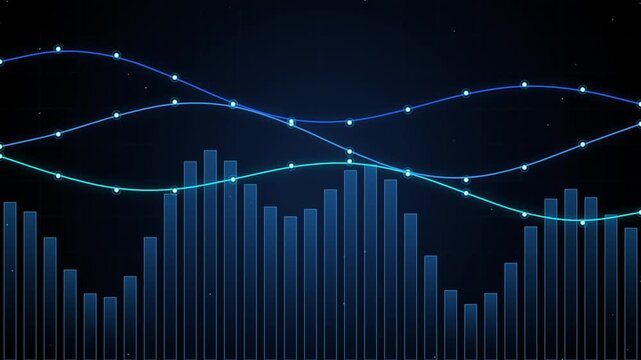 Abstract neon blue financial stock market bar chart and wave graph animation background