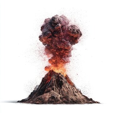 Volcanic eruption, isolated against white background.  A dramatic explosion of smoke, ash, and fire from a volcano