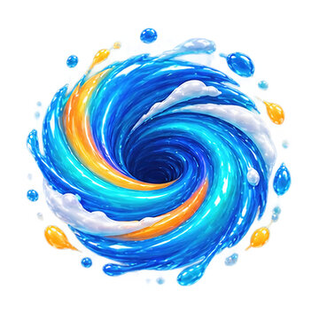 Abstract swirling vortex of blue water and orange liquid splashes on a clean white background