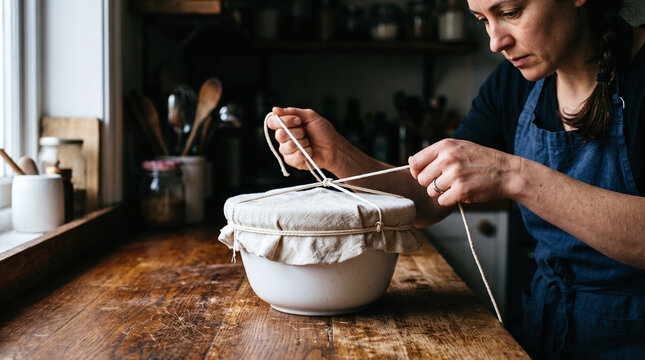 Woman tying string around a traditional cloth covered Christmas pudding basin