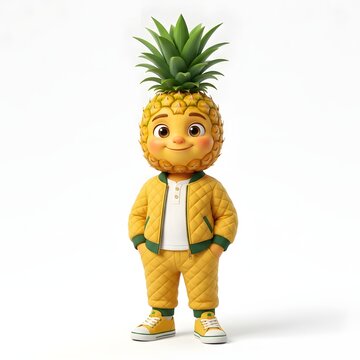 Cartoon pineapple mascot character with green leaves and yellow outfit standing cheerfully