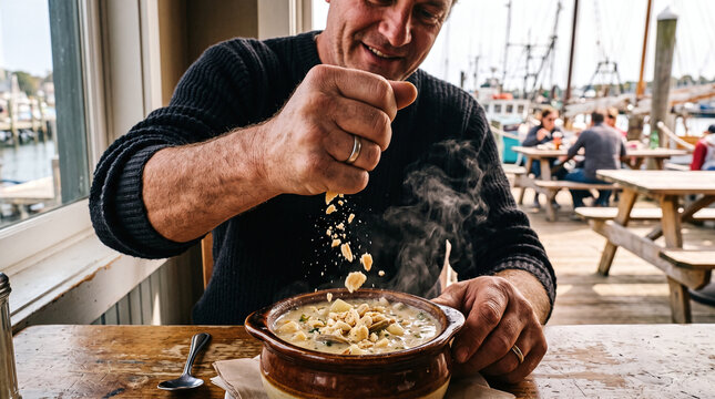 Man crushing oyster crackers into steaming clam chowder at harbor restaurant