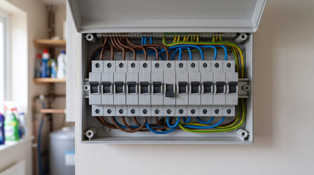 Open domestic consumer unit with a tripped circuit breaker switch and wiring
