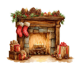 Obraz premium PNG Cozy fireplace with festive decorations.