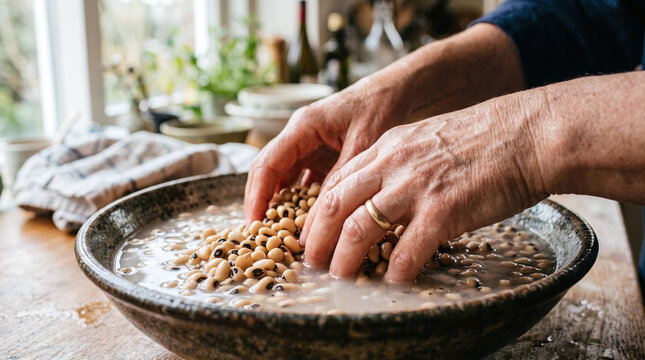 Hands soaking black-eyed peas in a ceramic bowl for traditional New Year meal