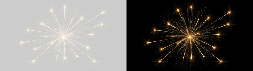 Fototapeta premium Golden firework burst with glowing sparks and star flares. Pyrotechnic explosion isolated on black and transparent background. Festive celebration and New Year design element
