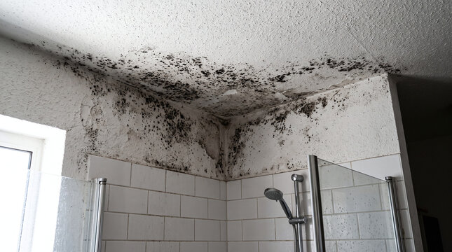 Dangerous toxic black mold infestation on ceiling and wall inside home bathroom
