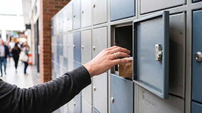 Customer collecting a package from an open parcel locker at a shopping mall