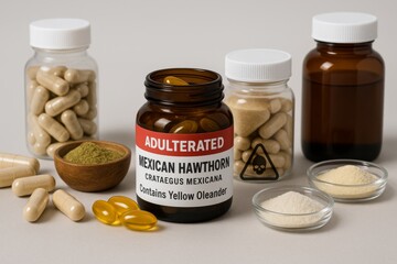 Adulterated yellow oleander capsules with toxic tejocote root on display © dvoevnore