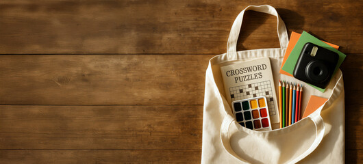Analog bag with art supplies on wooden table background © dvoevnore