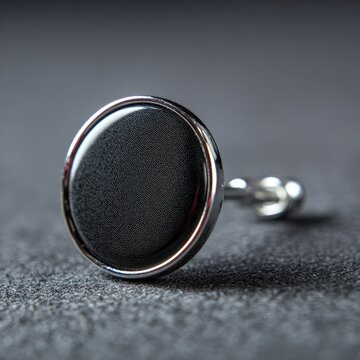 Close-up of a dark gray round cufflink