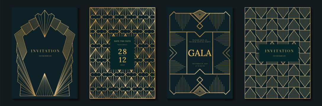 Luxury art deco vector invitation card set with dark teal and gold geometric frames, elegant gala layouts and vintage decorative patterns