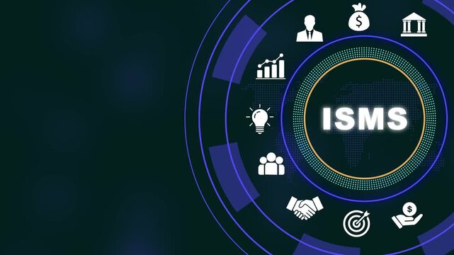 Dynamic information security management system isms concept animation featuring glowing digital interface for corporate data protection, cybersecurity strategy, network compliance, and global