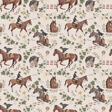 Hand Painted Watercolor Equestrian Seamless Pattern with Horses Riders and Botanical Elements