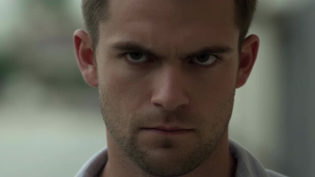 Adult man shifts his gaze from the side toward camera, holding a serious expression in tight outdoor close-up with softly blurred neutral background and natural light