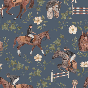Hand Painted Watercolor Equestrian Seamless Pattern with Horse Riders Ivy and Wild Roses