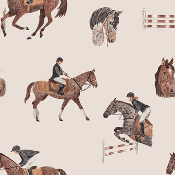 Hand Painted Watercolor Equestrian Seamless Pattern with Horse Riders and Show Jumping