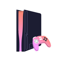 Video game console and controller in gradient style. Pink gamepad with modern videogames station. Gamers equipment with joystick to play. Flat isolated vector illustration on white background © Paper Trident