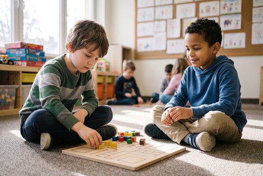Two children sit on the floor in a classroom, engaged in a game. Colorful blocks are used on a wooden board. Other kids can be seen in the background