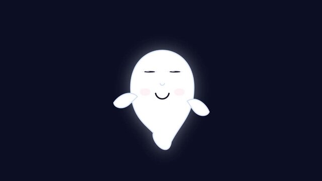 Cute friendly white ghost character with a happy smiling face floating in the dark night background for Halloween graphic design