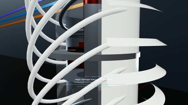 3D animation of a high-voltage vacuum interrupter circuit breaker, showing the hermetic ultra-high vacuum chamber, high-speed separation, arc inception, and instantaneous arc quenching