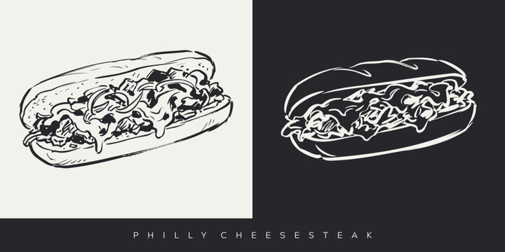 Hand drawn Philly cheesesteak sandwich sketch illustration set with black and white line art