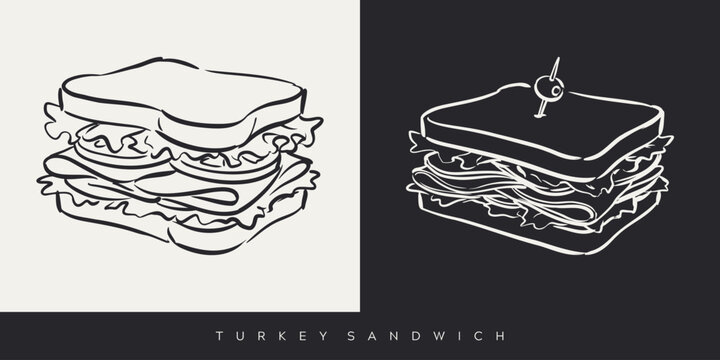 Hand drawn turkey sandwich line art illustration with lettuce tomato and olive toothpick