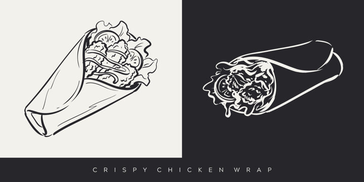Hand drawn crispy chicken wrap burrito sketch illustration in black and white line art