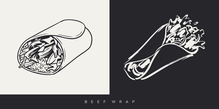Hand drawn beef wrap and burrito sketch illustration set on light and dark background
