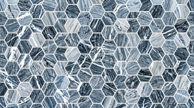 Geometric mosaic pattern of blue and grey marble hexagonal tiles with generated using ai