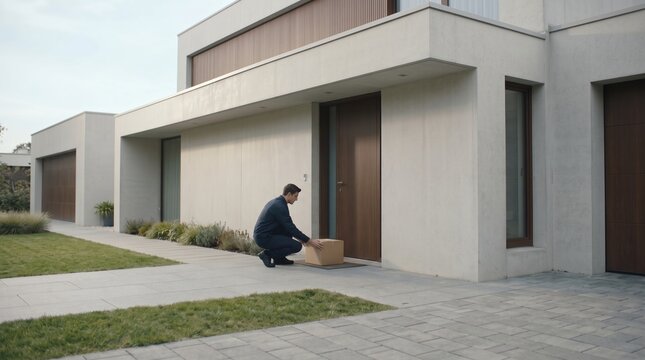 a delivery man dropping off a parcel box at the front door of a modern house.