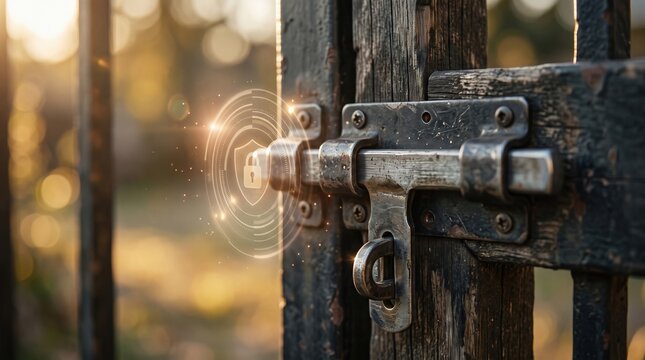 an old wooden gate and metal latch locked securely with digital security padlock