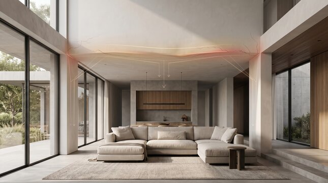 a modern living room interior showing structural cracks and stress lines on the ceiling and walls.