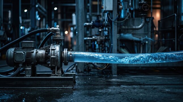 industrial water pump operating and pumping water through a clear hose inside a factory.
