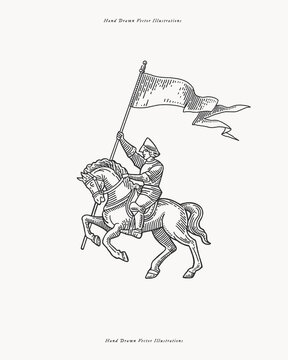 Hand-drawn vintage illustration of a medieval horseman carrying a waving banner. Engraving style artwork ideal for history books, heraldic projects, educational materials, branding, and prints.