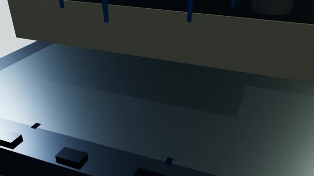 3D animation demonstrating the superplastic forming process of a titanium sheet, showing heating, argon gas pressure application, and metal molding in an industrial manufacturing setting