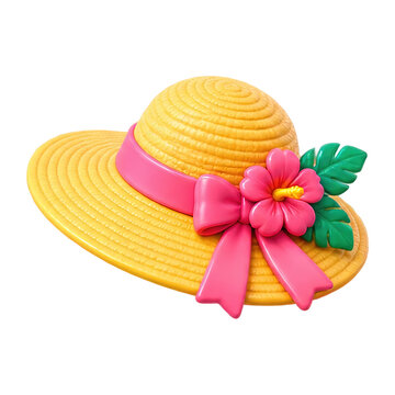 Bright yellow straw sun hat with a pink ribbon and tropical hibiscus flower decoration icon