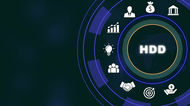 Dynamic hdd hard disk drive data storage technology concept featuring futuristic digital interface with animated business global network connectivity, and cyber security for modern enterprise