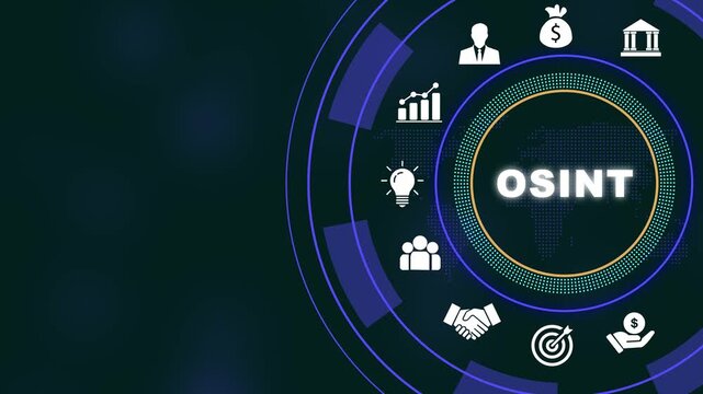 Advanced osint open source intelligence digital interface featuring dynamic circular infographics, global data analytics, cybersecurity monitoring, strategic business intelligence, and network