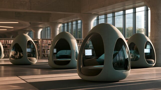 Modern egg-shaped pods offer private workspaces in a contemporary library setting