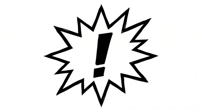 Black and white exclamation mark inside a comic style starburst speech bubble icon.