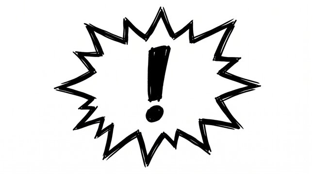 A hand drawn exclamation mark inside a comic book style speech bubble shape.