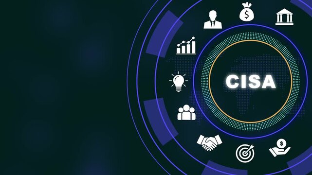Certified information systems auditor cisa certification concept with digital hud interface, global business data analytics, financial growth, and corporate strategy motion