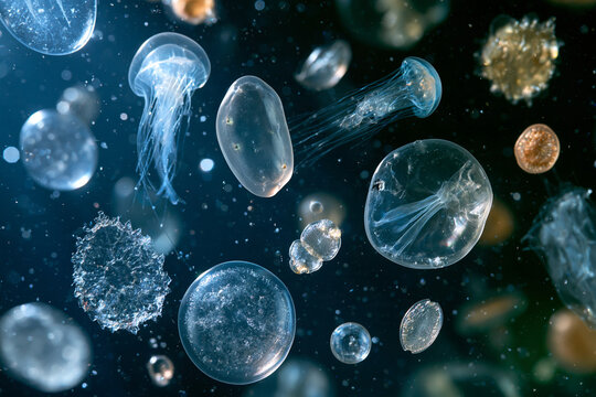 Microscopic plankton forms floating in dark ocean blue highlighting marine biology food web science and abstract aquatic research