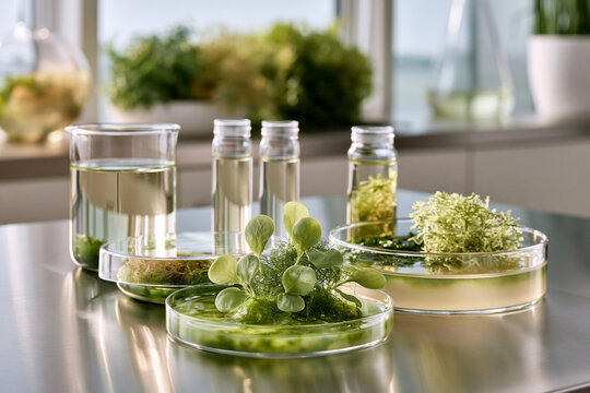 Laboratory petri dishes with algae cultures and seawater vials highlighting marine biology ocean biotechnology and clean science research